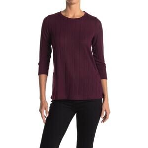 Bobeau Women's Wide Rib Knit 3/4 Sleeve Top In Wine Medium $59